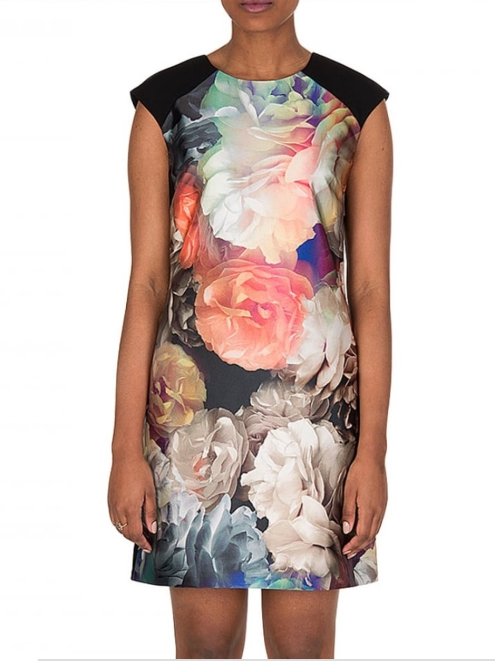Ted Baker Floral Cap-Sleeve Shift Dress in Black with Multicolor Blooms